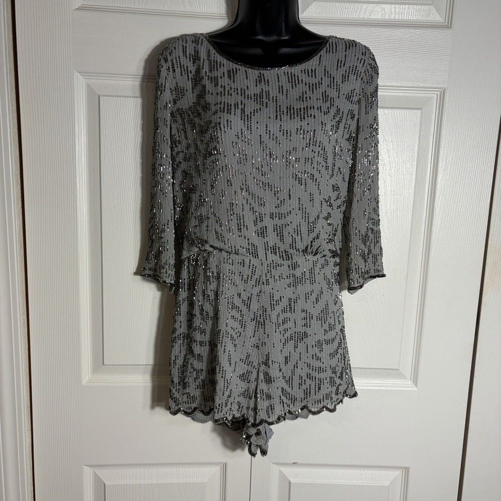 Free People Beaded Beauty Romper Women 6 Gray Silver Scalloped Open Back Party